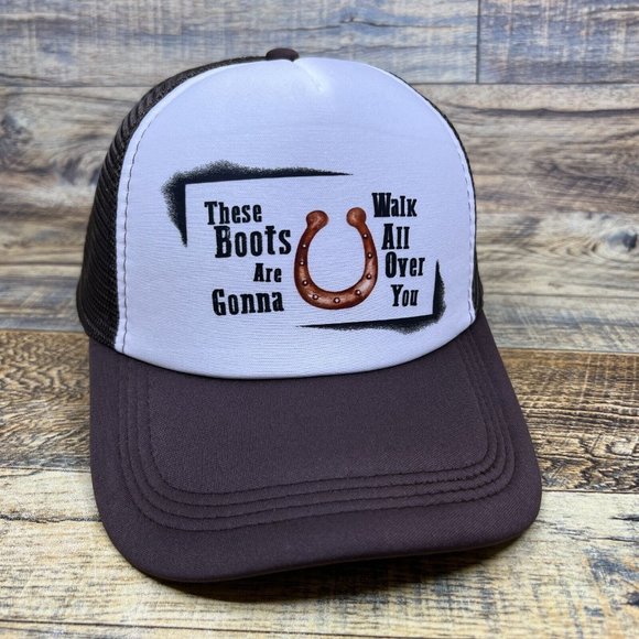These Boots Are Made for Walkin' Mens Trucker Hat Brown Snapback Dolly Parton - Picture 1 of 8